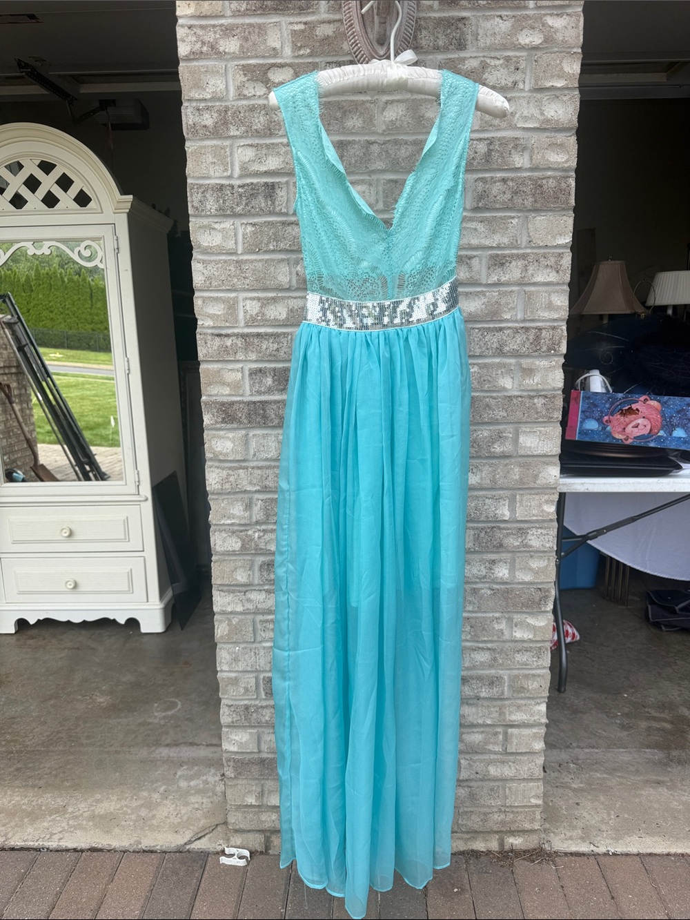 Aqua Lace V-Neck Maxi Dress with Sequin Waist
